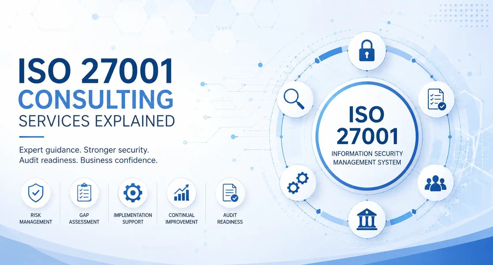 Abstract visualization of ISO 27001 consulting services, ISMS implementation, audit readiness, risk management, and information security advisory framework.