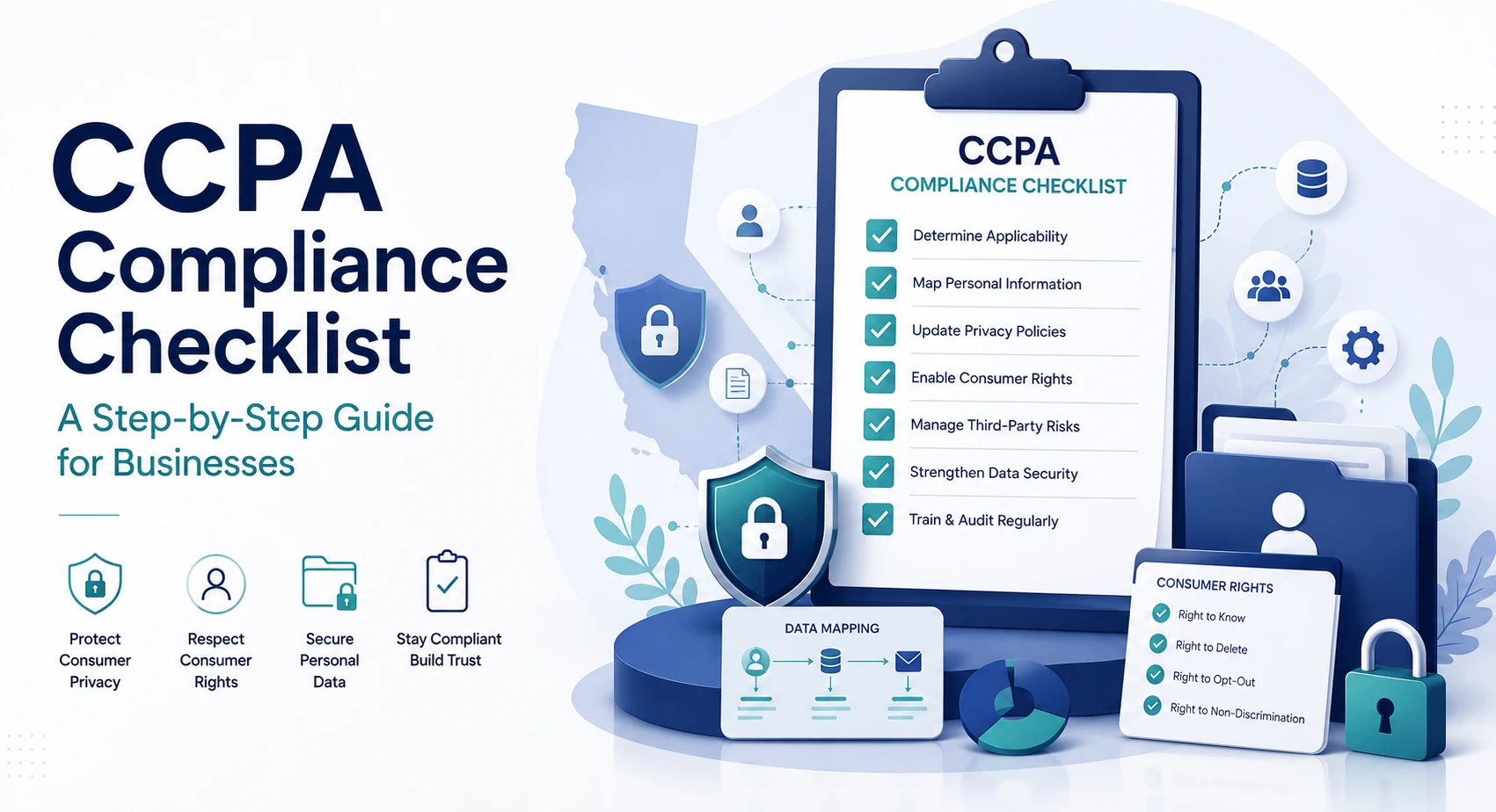 Illustration of a CCPA compliance checklist showing California privacy law requirements, data mapping, consumer rights, third-party risk management, and data security controls for businesses.