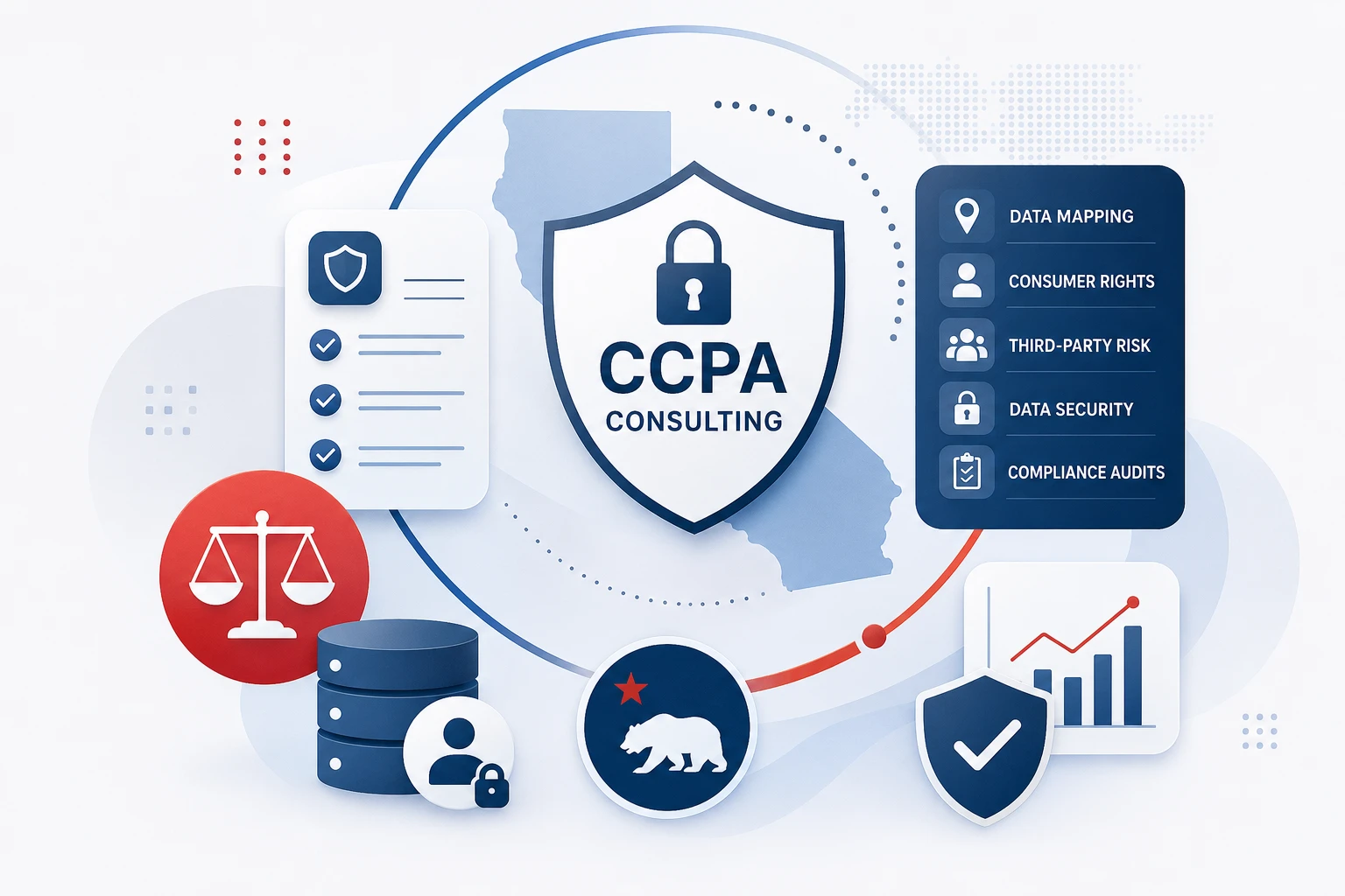 Abstract illustration representing CCPA consulting services, California privacy compliance, data mapping, consumer rights, and cybersecurity governance for businesses.