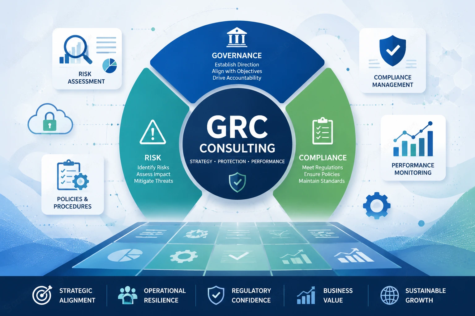 Abstract illustration representing Governance, Risk, and Compliance (GRC) consulting with governance frameworks, risk assessment, compliance management, business policies, cybersecurity, and enterprise risk controls.