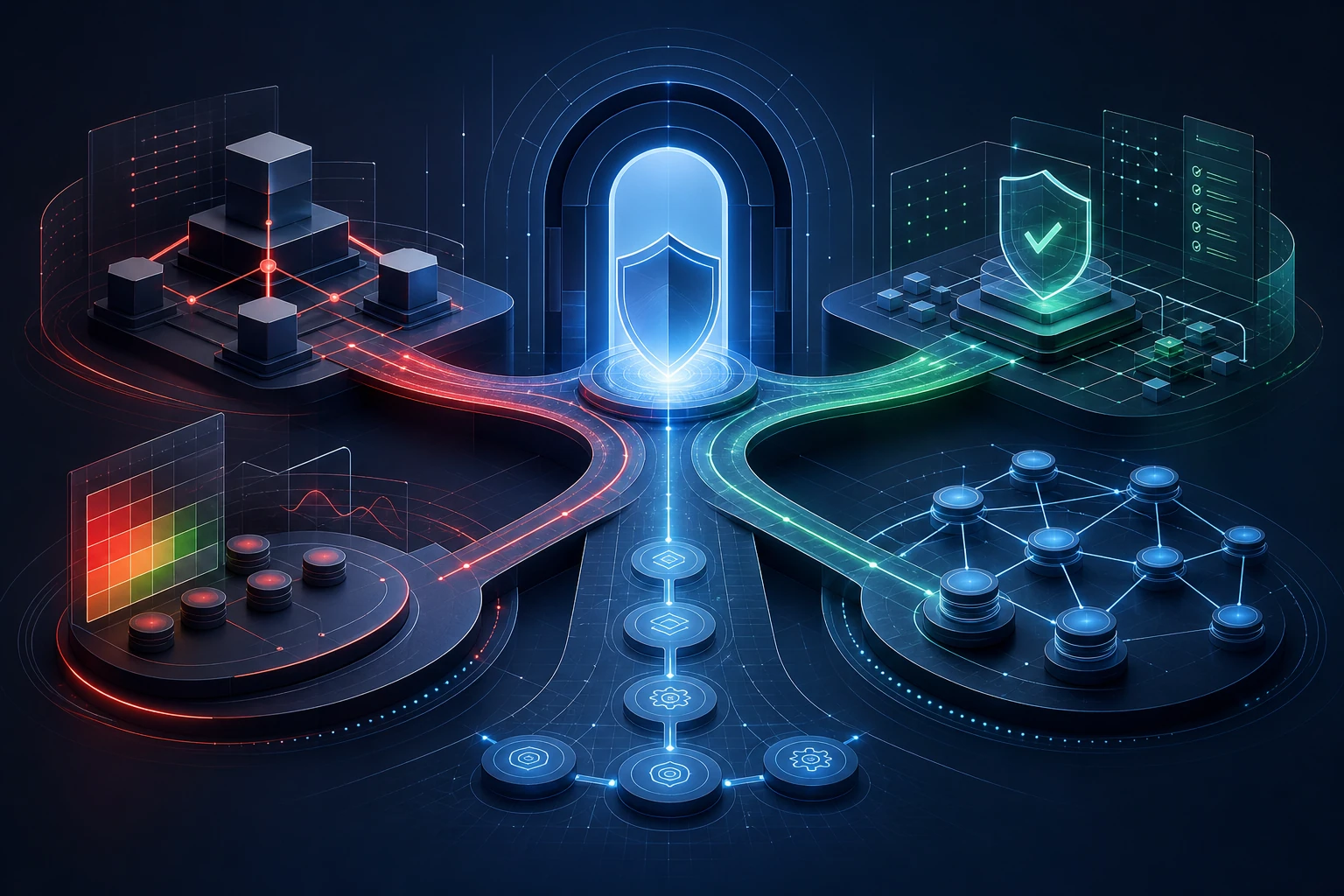Abstract GRC decision gateway connecting governance structures, risk assessment, compliance controls, vendor networks, audit checkpoints, and an implementation roadmap.